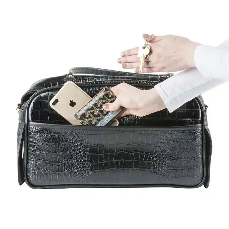 accessories added to luxury croc embossed pet carrier