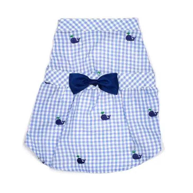 blue gingham whales dog dress