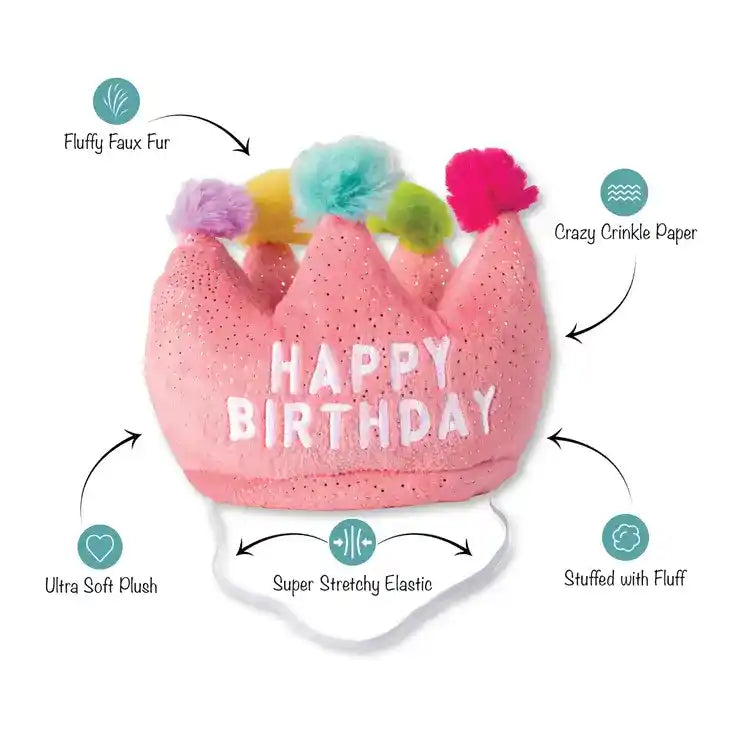 diagram of plush pink birthday crown dog toy