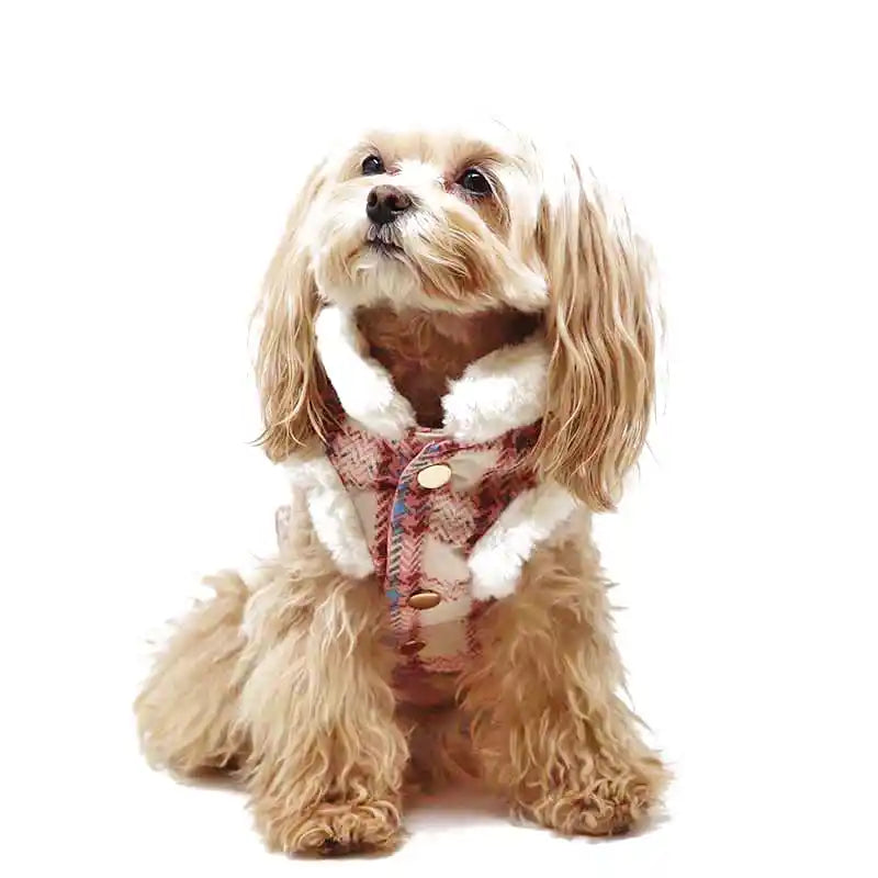pink plaid shearling dog jacket