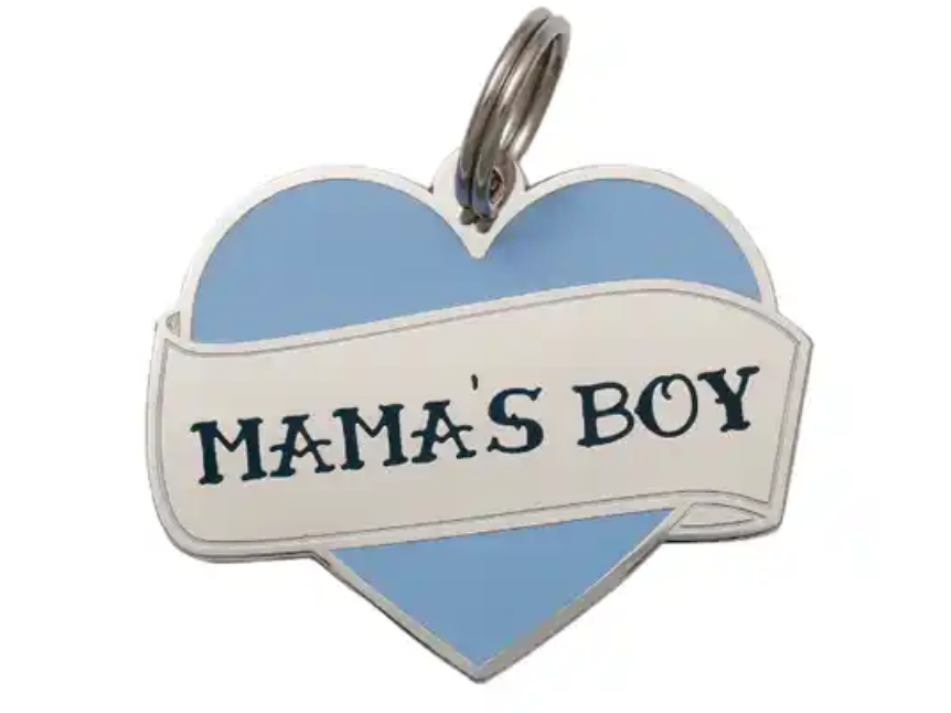 Heart-shaped dog tag that says Mama's Boy