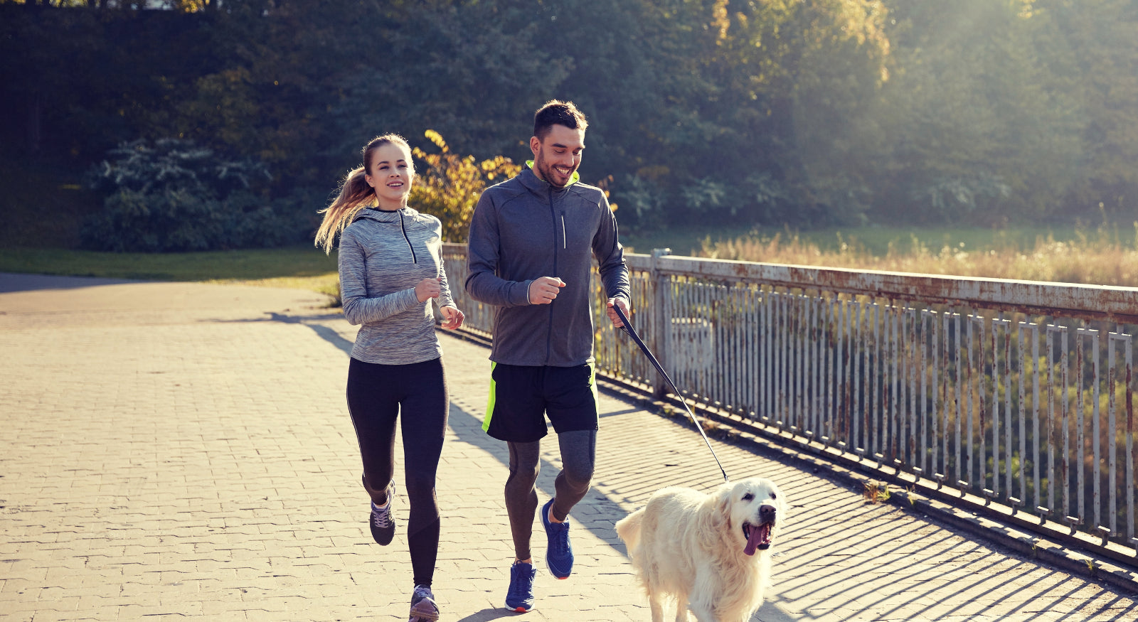 Happy couple with dog running outdoors across a bridge in the country side to help illustrate best dog booties for running.
