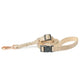 A dune colored dog leash with metal clip on a white background