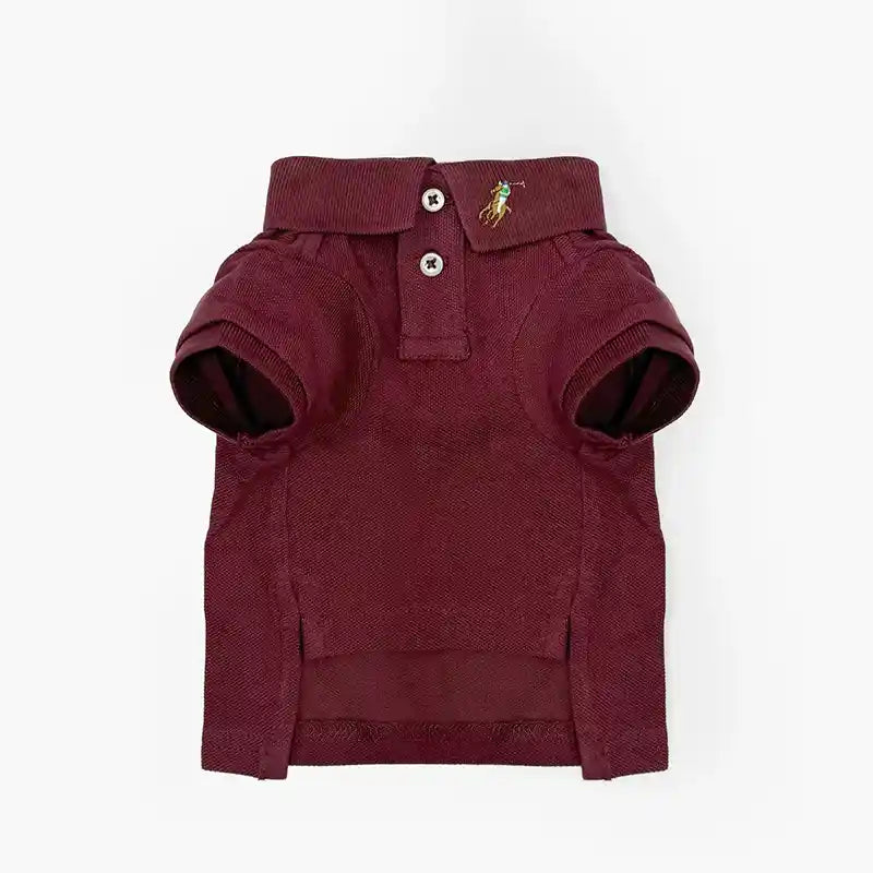 Ralph Lauren dog polo shirt in wine with short sleeves, two-button placket, and player logo.
