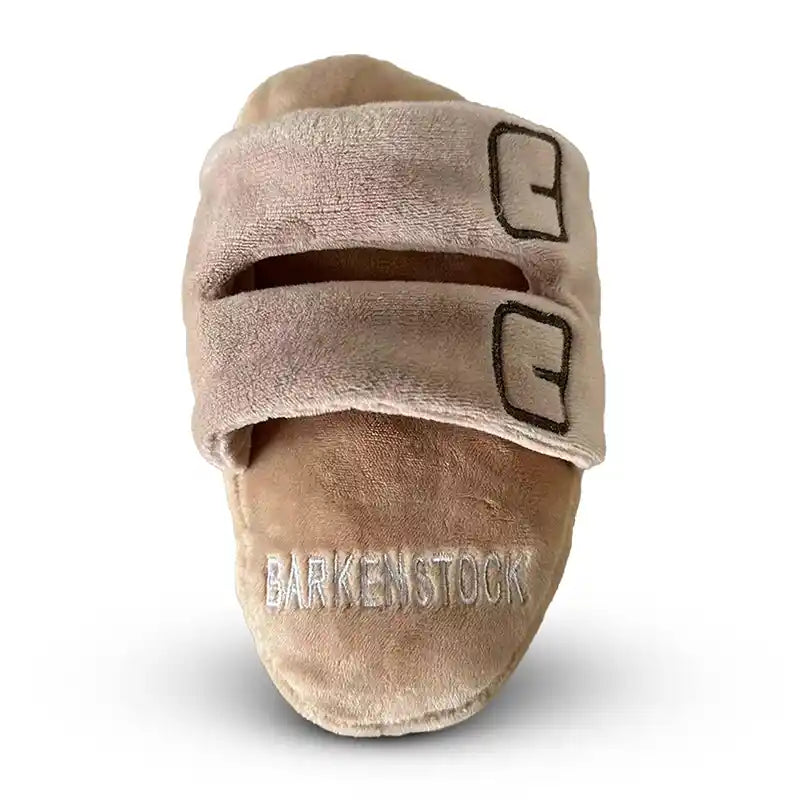 Front view of Barkenstock plush dog toy.