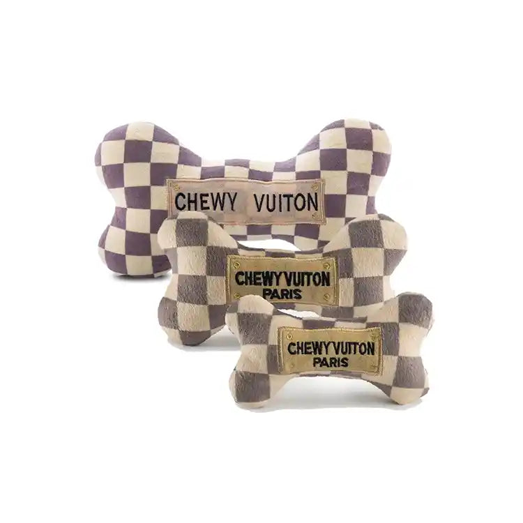 3 sizes of chewy vuiton checker plush bone dog toy