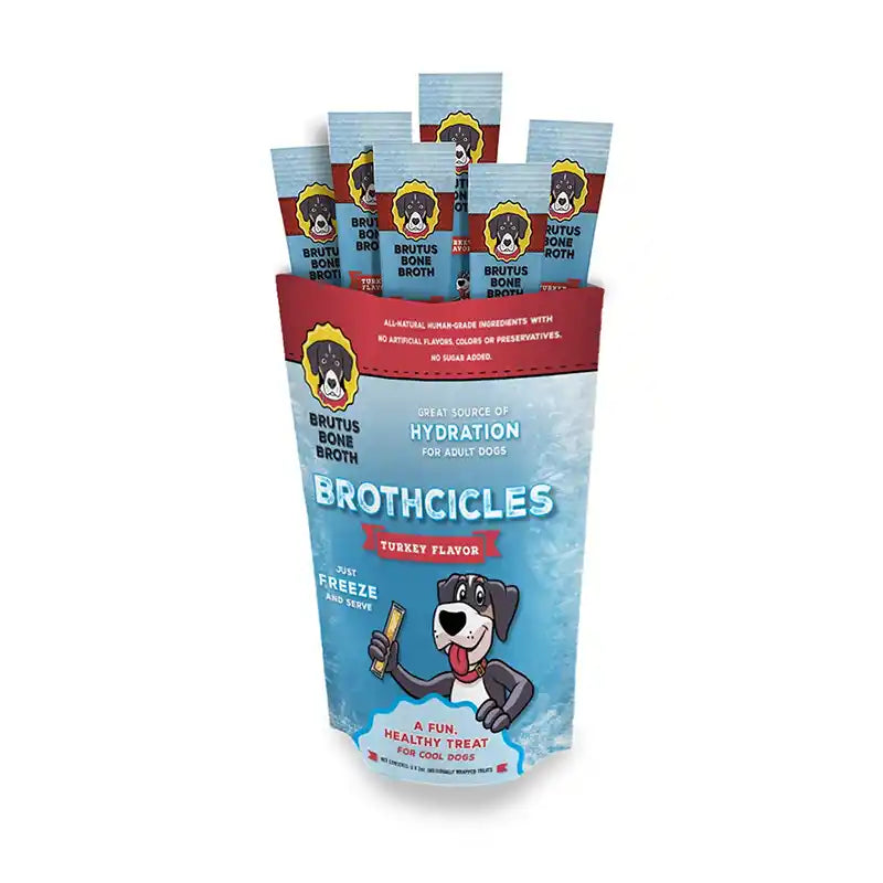 Packaging of Brutus Bone Broth Brothcicles for adult dogs with a cartoon dog on a white background.