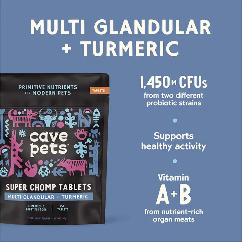 cave pets super chomp tablets multi-glandular + tumeric info