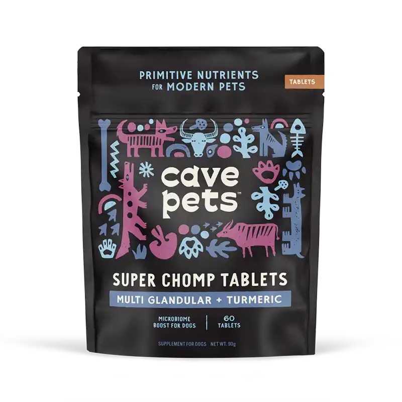 cave pets super chomp tablets multi-glandular + tumeric packaging