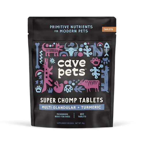 cave pets super chomp tablets multi-glandular + tumeric packaging