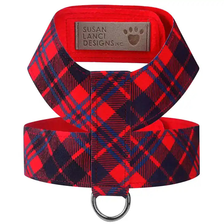 susan lanci scotty plaid tinkie dog harness in red chestnut