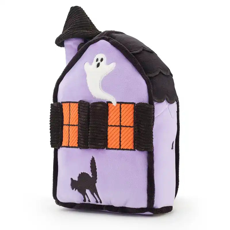 Back view of plush purple haunted house dog toy