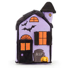 Front view of plush purple haunted house dog toy 