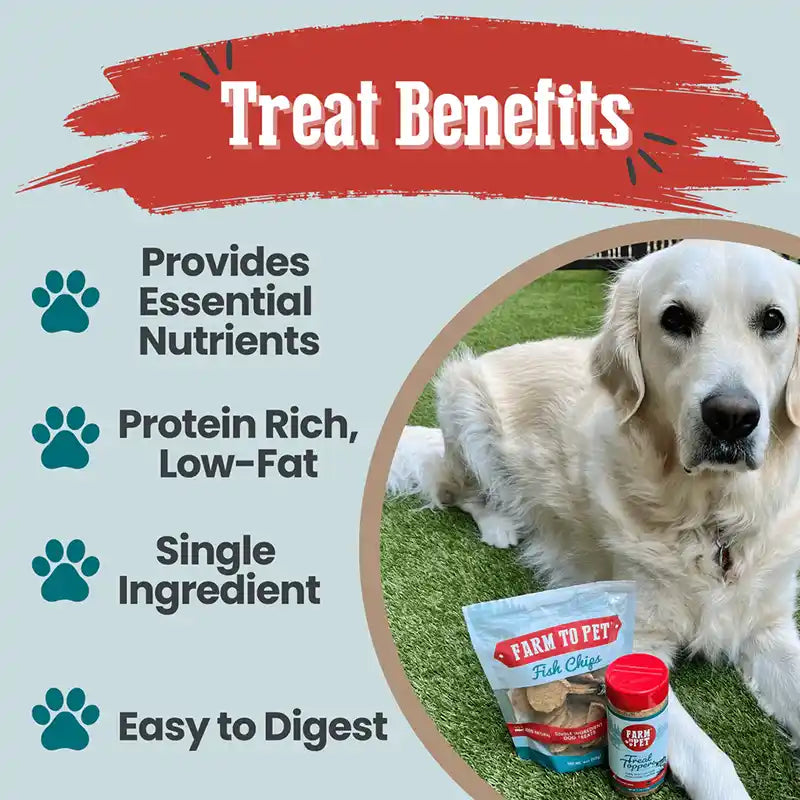 Infographic highlighting benefits of Farm to Pet fish treats.