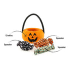 Infographic showing features of a plush pumpkin basket and candy dog toys.