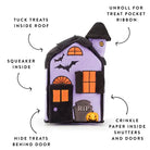 Infographic highlighting features of a plush haunted house dog toy.