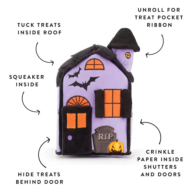 Infographic highlighting features of a plush haunted house dog toy.