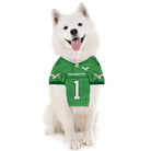 White dog wearing Kelly Green Pets First Jalen Hurts NFL Jersey