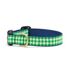 A lime green and white gingham dog collar with a navy blue interior and brass hardware.
