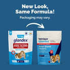 Image showing old and new packaging for Glandex dog soft chews with text "New Look, Same Formula!"