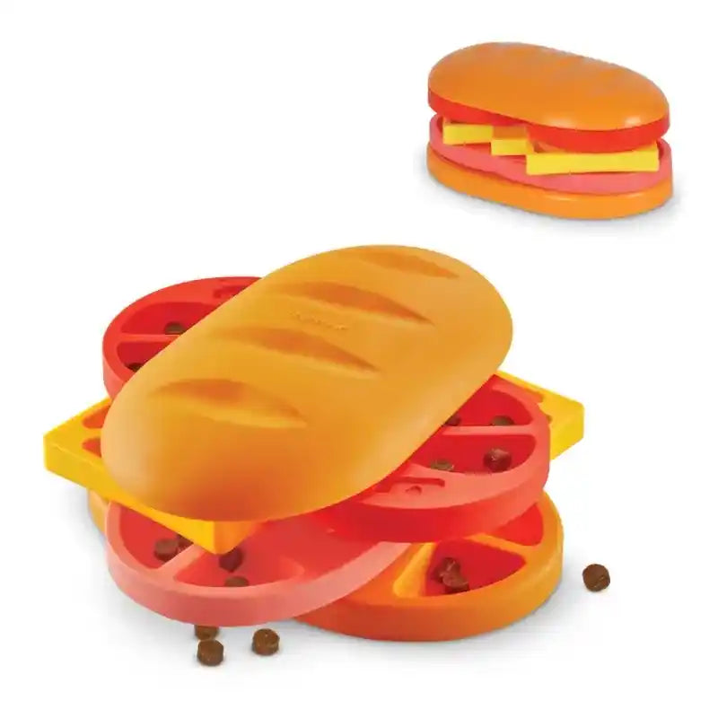 Sandwich-shaped puzzle toy on a white background