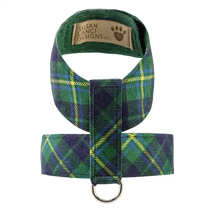 susan lanci scotty plaid tinkie dog harness in forest green top view