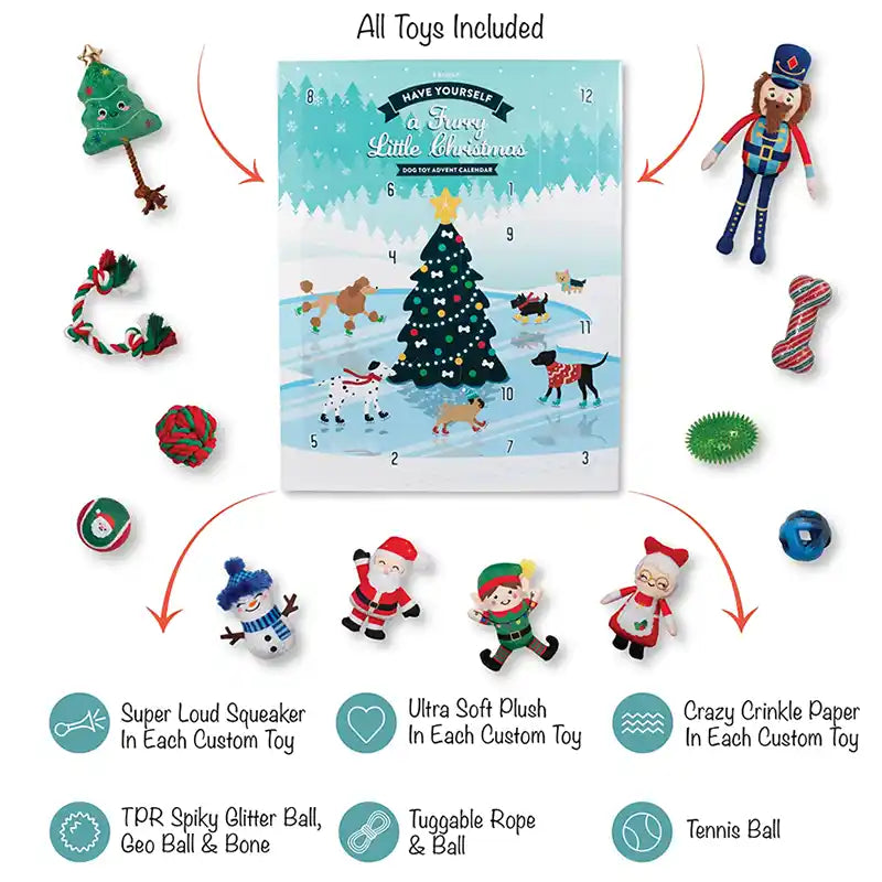 Dog toy advent calendar with various toys displayed around it on a white background.
