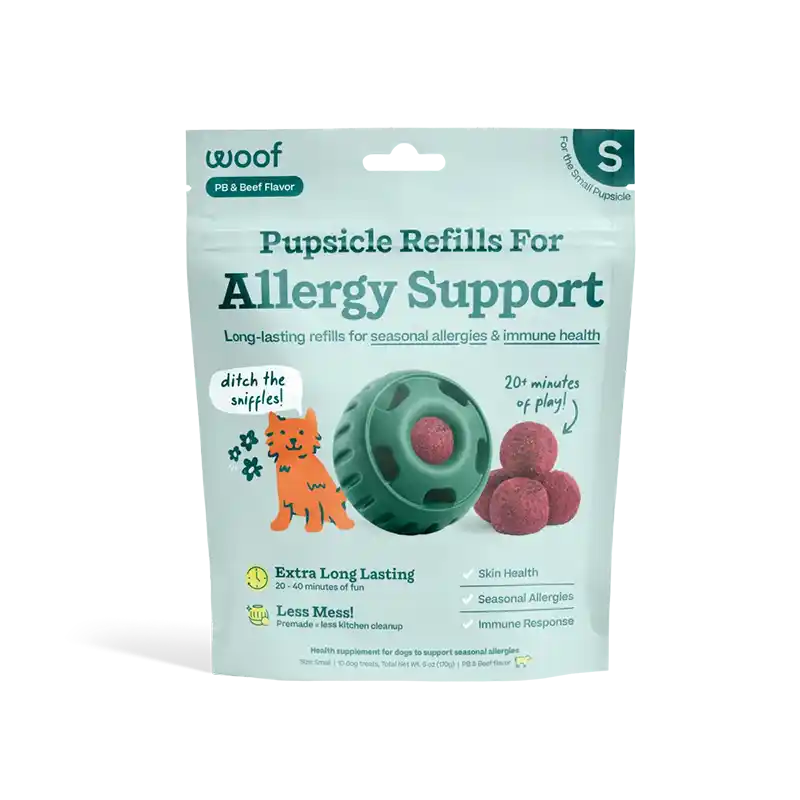 Package of Pupsicle Refills for Allergy Support with 'woof' branding 