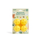 Back side of packaging of yellow homemade refill treats for pets with 'woof' branding.