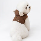 Brown puffer dog harness with a fleece-lined bear-ear hood, shown from behind.
