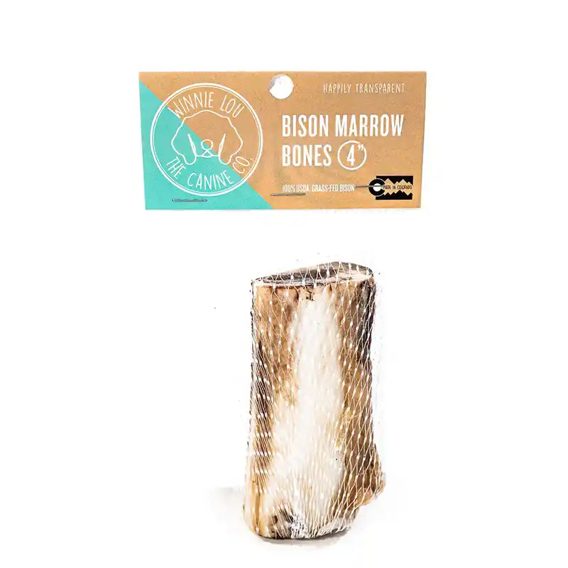 4" Bison marrow bone with packaging on a white background