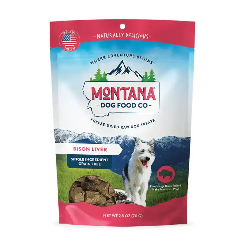Montana Dog Food Co. freeze-dried raw dog treat package with a dog and bison on the label.