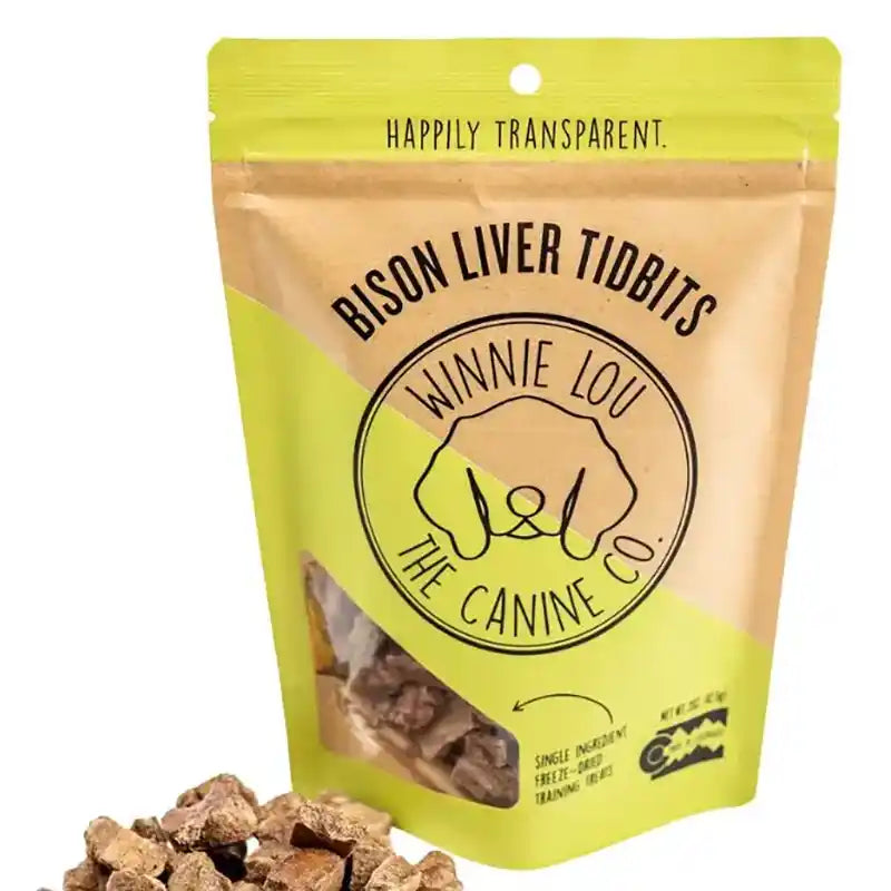 Package of Bison Liver Tidbits by Winnie Lou & The Canine Co. on a white background