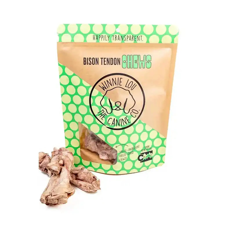Bison tendon chews with a green and beige packaging labeled 'Winnie Lou the Canine Co.' on a white background.