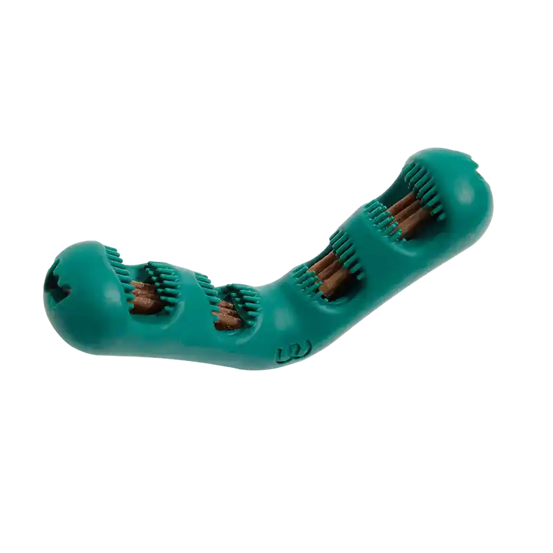 bite 'n brush dog toy with dental treats inside
