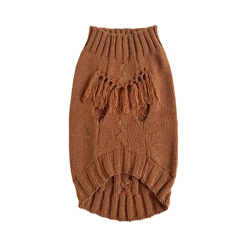 Brown knitted dog sweater with fringe detail on the underside on a white background