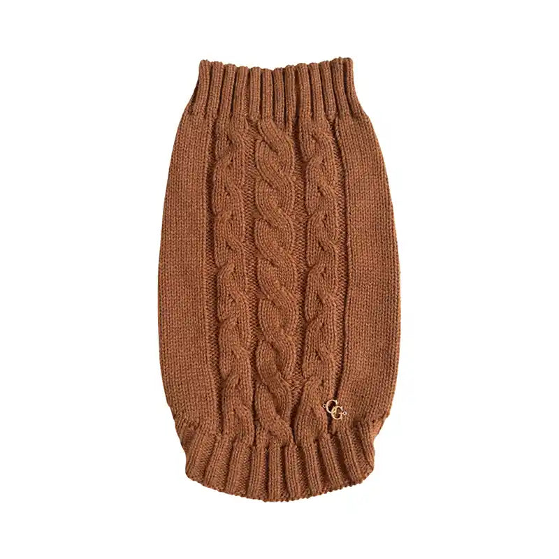 Brown cable knit dog sweater on a white background