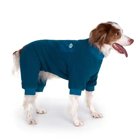 teal outdoor dog onesie side view