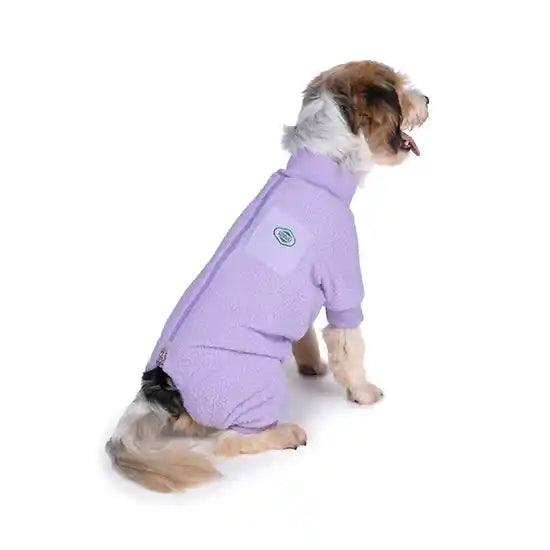 dog wearing lavender outdoor dog onesie showing back side