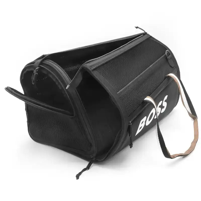 BOSS dog travel bag in jet black unzipped