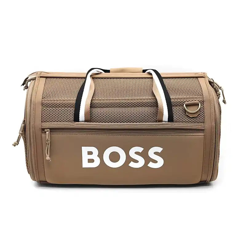 front view of BOSS dog travel bag in camel