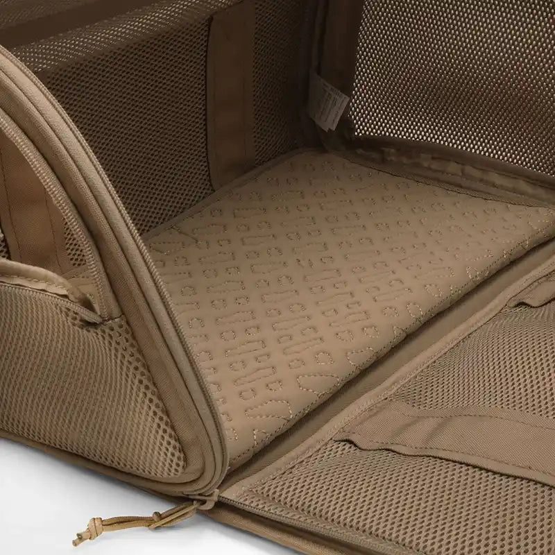closeup of interior of BOSS dog travel bag in camel