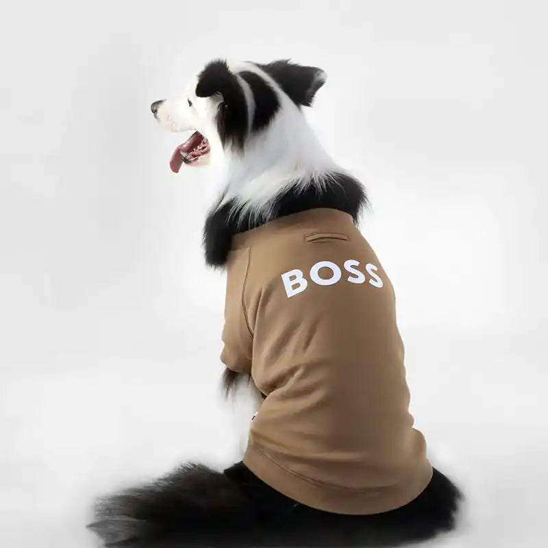 Dog wearing BOSS Dog Essentials Sweater in Tan back view