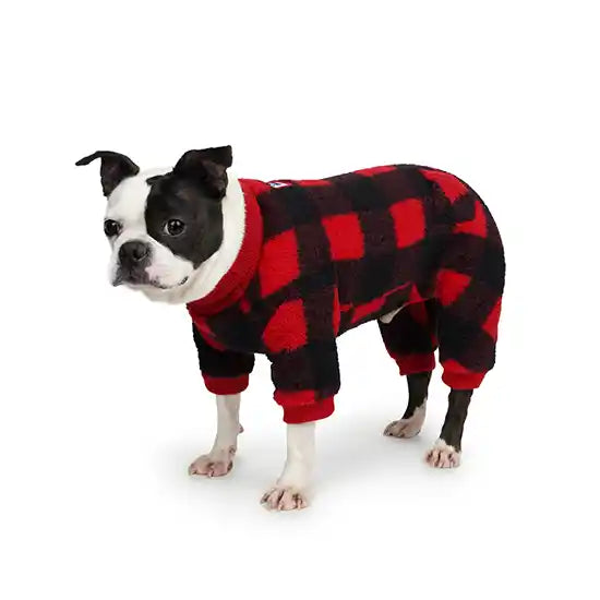 boston terrier in monster red check dog warmer onesie