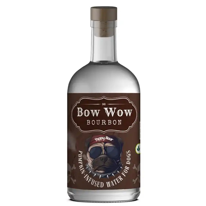 Bottle of Bow Wow Bourbon with a brown label on a white background