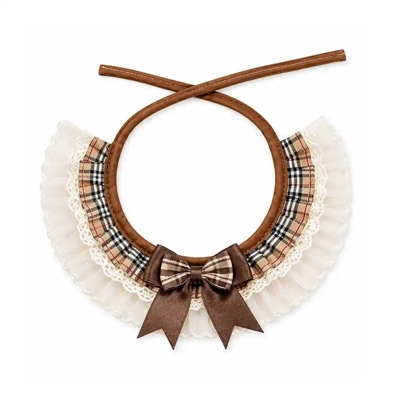 Brown plaid pet bib collar with lace trim and bow.