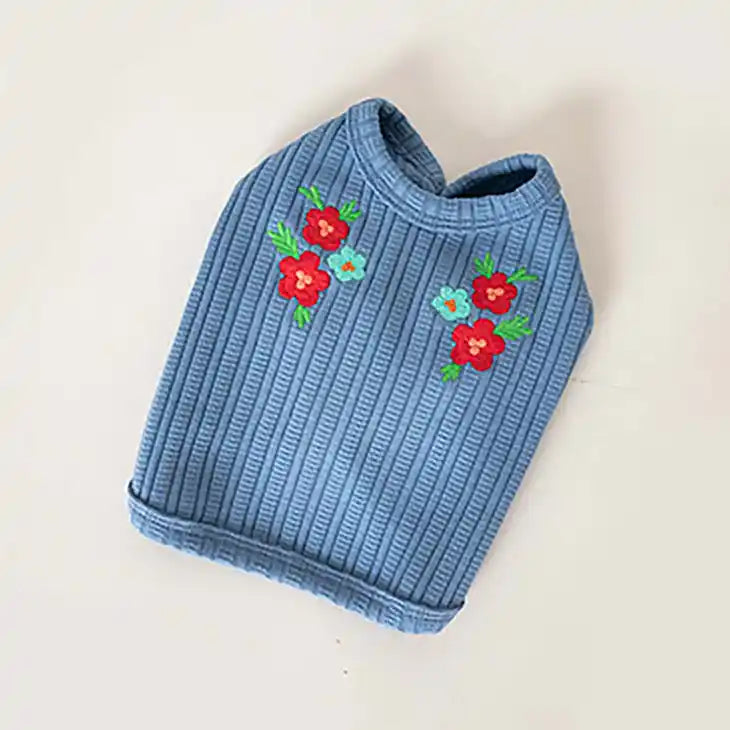 blue pet cardigan with embroidered flowers