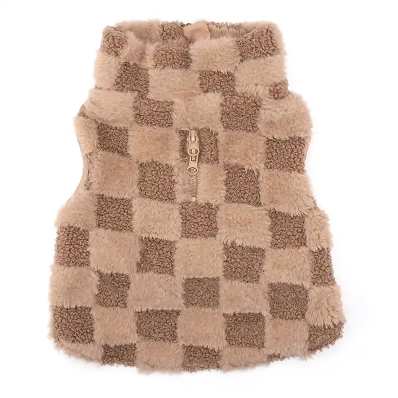 tan and beige check fleece dog pullover