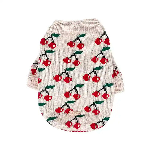 pink dog sweater with red cherries 