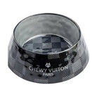 Black pet bowl with 'Chewy Vuiton Paris' branding on a white background